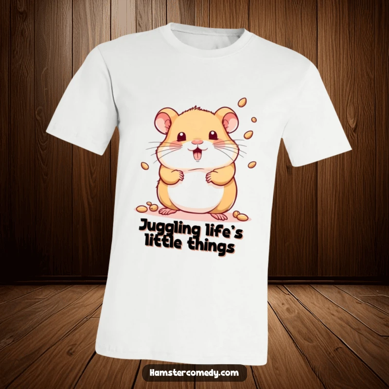 Funny t-shirt of a kawaii hamster playfully juggling small seeds in the air.