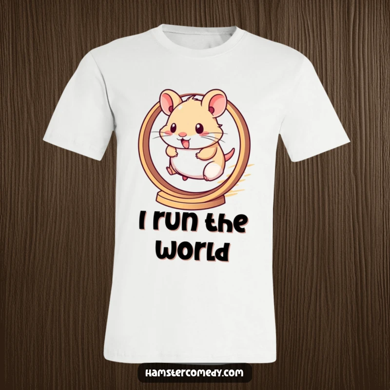 Funny t-shirt with a kawaii hamster running at full speed on an exercise wheel, looking determined.