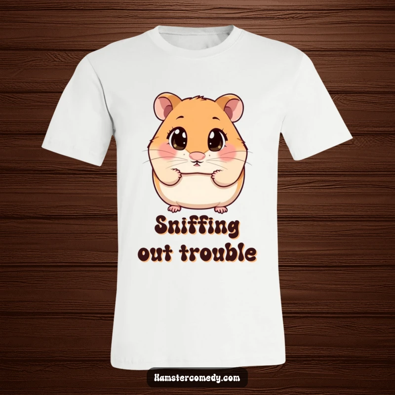 Funny T-Shirt featuring a kawaii hamster with large wide eyes actively sniffing the air with curiosity.