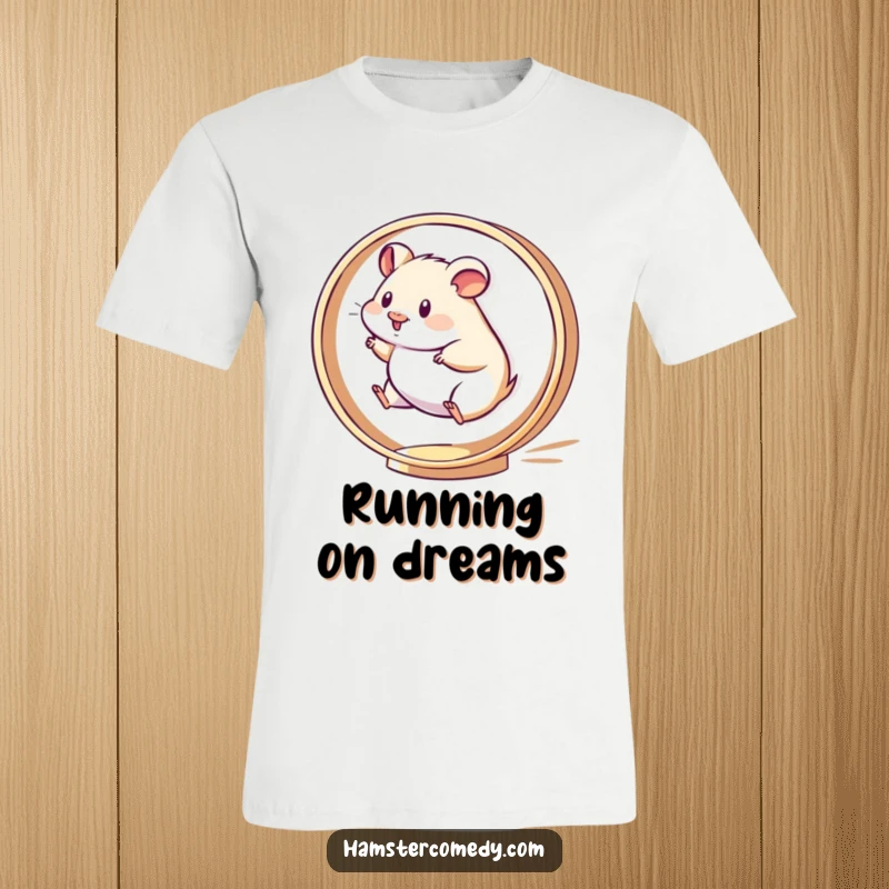 Funny Kawaii Hamster T-Shirt featuring a cute hamster running energetically on a spinning wheel, perfect for active people.