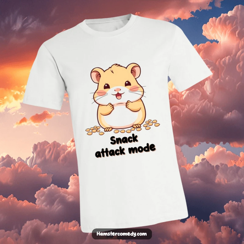 Adorable kawaii hamster character with bulging cheeks, happily eating seeds, on a comfortable and funny t-shirt.