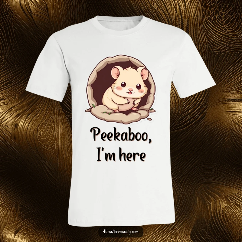 Funny Kawaii Hamster T-Shirt featuring a cute hamster peeking out from a tiny burrow, a design full of charm.
