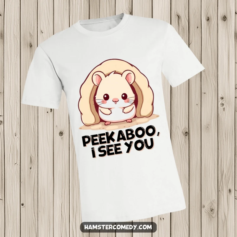 Funny Kawaii Hamster T-Shirt depicting a cute hamster peeking from a cozy burrow, hilarious gift idea.