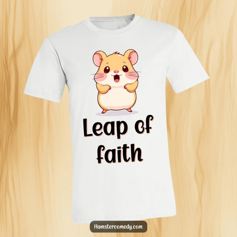 Funny Kawaii Hamster T-Shirt: A cute hamster leaping in surprise, with wide eyes and tiny paws, exuding playful shock and happiness.