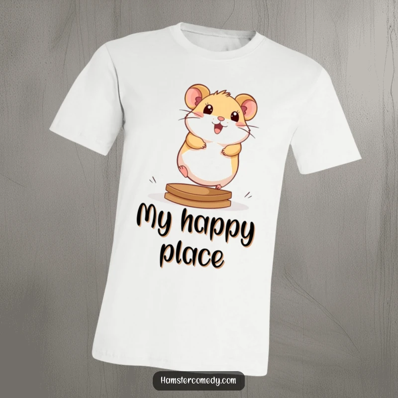 Adorable kawaii hamster character, running with great energy on a hamster wheel, on a comfortable and funny t-shirt.