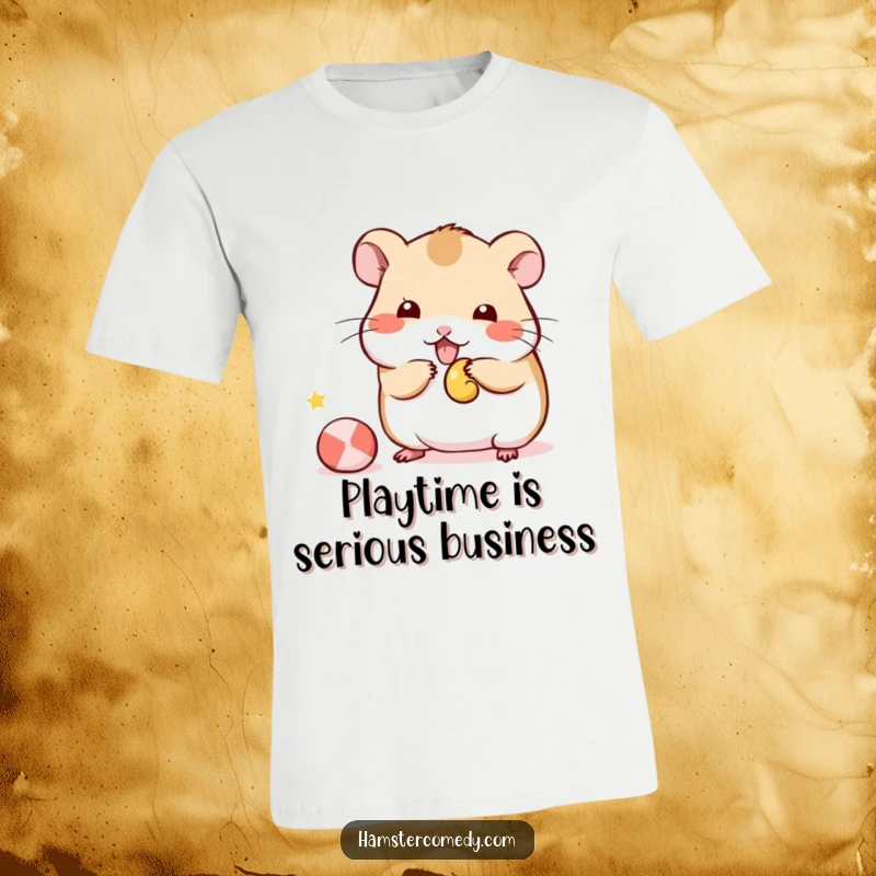 Funny Kawaii Hamster T-Shirt depicting a cute hamster playfully batting at a small toy, a hilarious gift idea.