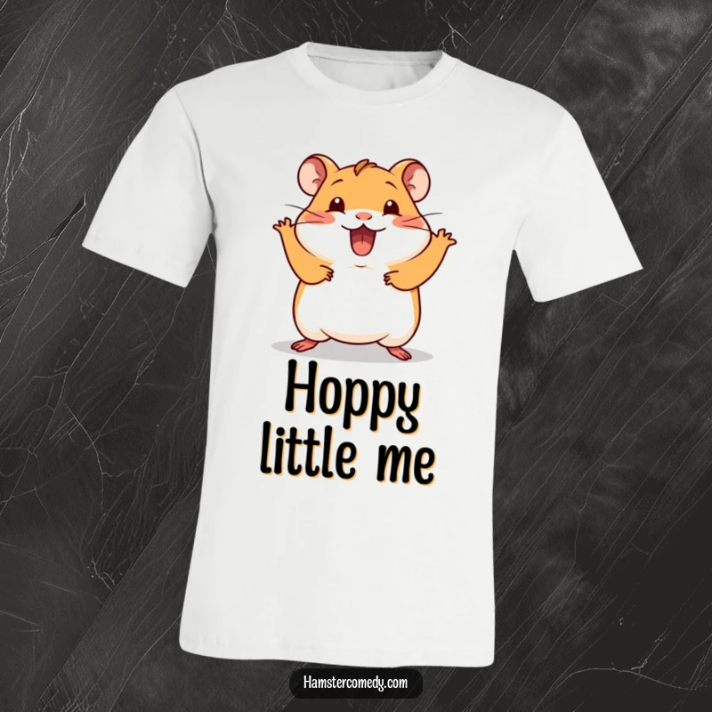 Funny Kawaii Hamster T-Shirt depicting a cute hamster doing a silly hop with excitement, a hilarious gift idea.
