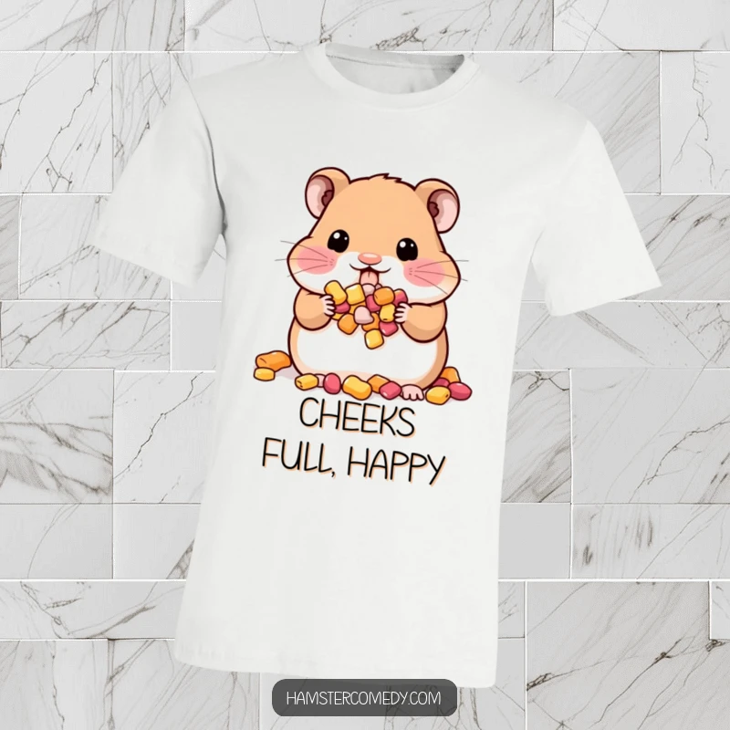 Funny Kawaii Hamster T-Shirt: A cute hamster is shown with its cheeks generously stuffed with treats, representing pure snack joy.