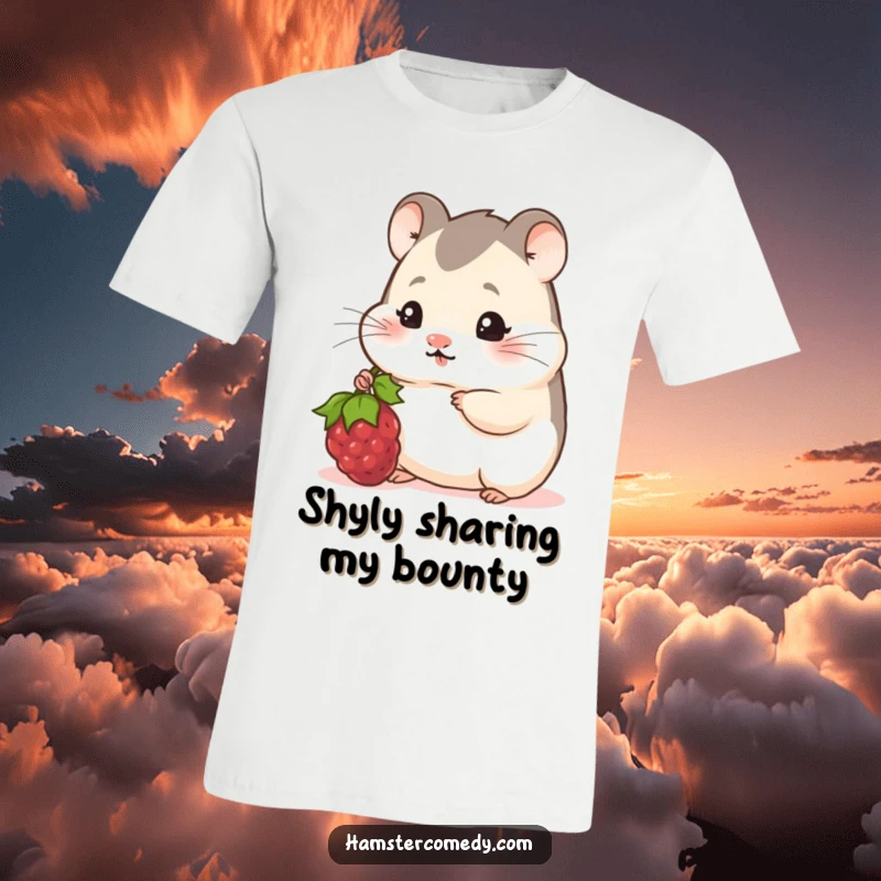 Funny Hamster T-Shirt: A shy hamster peeks out with a berry, offering a sweet gesture with humorous charm.