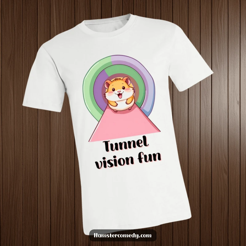Funny hamster t-shirt depicting a smiling hamster gleefully sliding down a bright, colorful tunnel, radiating pure joy and excitement.