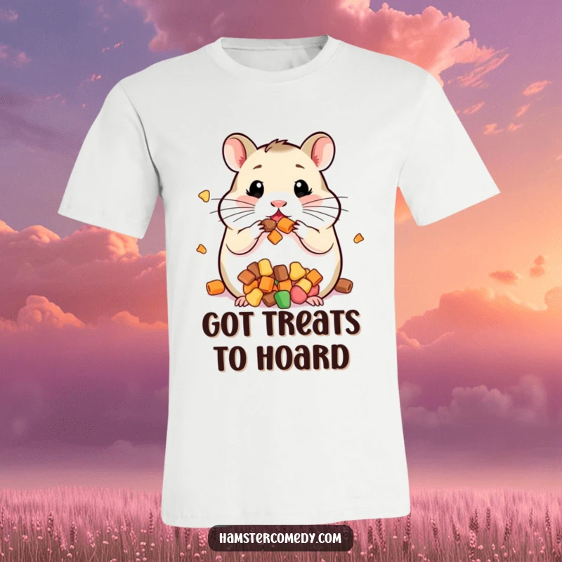 Funny t-shirt illustrating a kawaii hamster with its cheeks comically stuffed full of delicious treats.