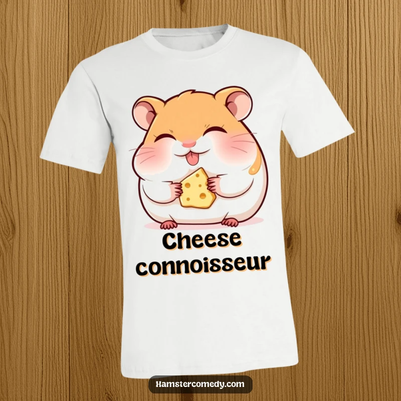 Funny hamster t-shirt, happily munching cheese with eyes closed, representing pure contentment and a love for tasty treats.