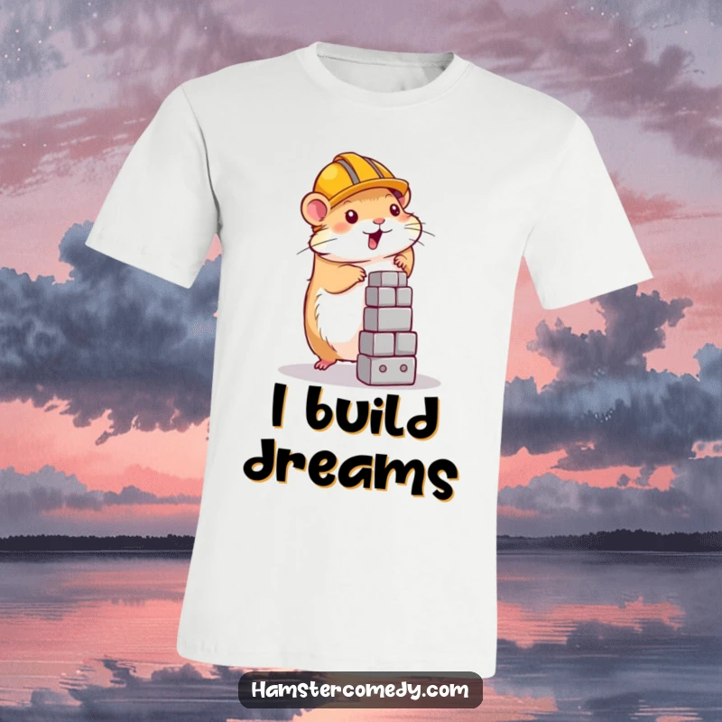 Funny hamster wearing a tiny construction helmet, building a tower, printed on a t-shirt, great gift.