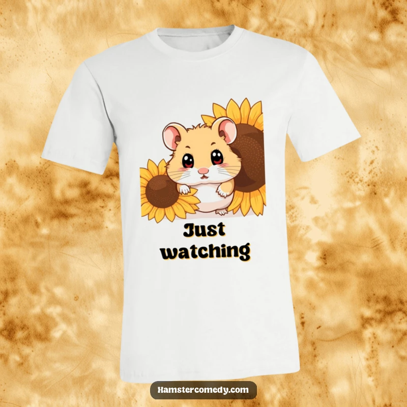 Funny hamster with wide eyes peeking from behind a sunflower seed, printed on a fun t-shirt, great gift.