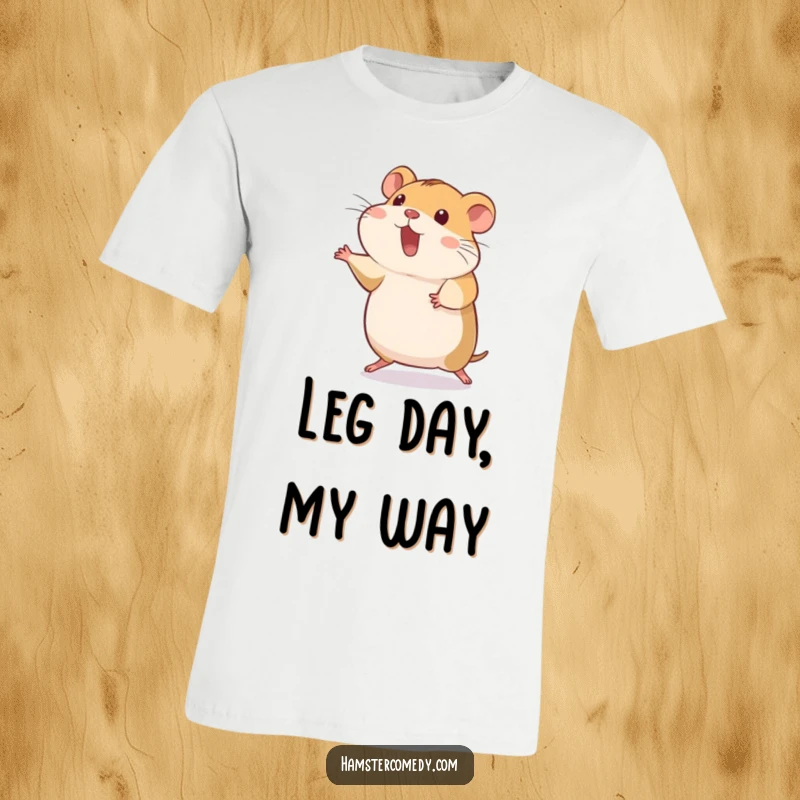 Funny hamster leaping with back legs stretched out, silly pose, humorous t-shirt, great funny gift.