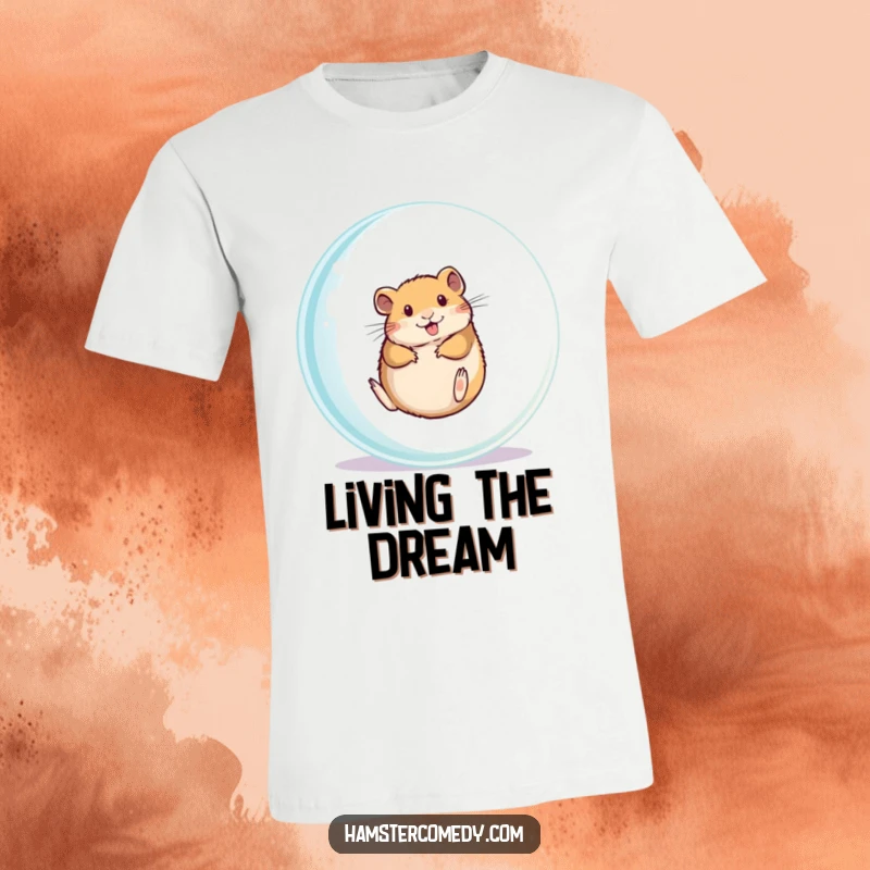 Funny hamster playfully rolling inside a large transparent ball, printed on a fun t-shirt, great gift.