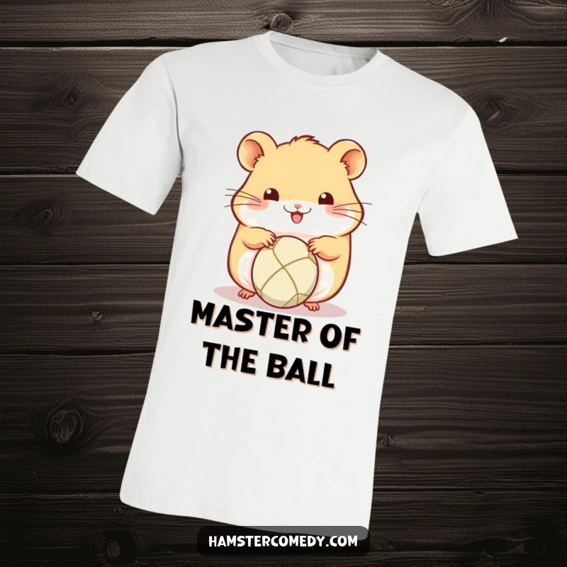 Funny Kawaii Hamster T-Shirt: Adorable hamster intently rolling a small ball with its paws, embodying playful energy and active engagement.