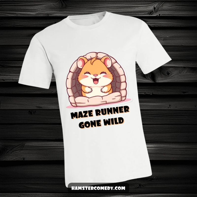 Funny T-Shirt: A joyful, giggling hamster peeks out from a tiny maze entrance, showcasing its comedic escape.