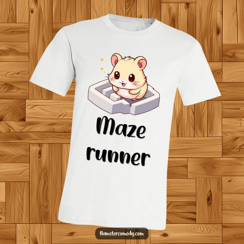 Funny hamster t-shirt of a character with sparkling eyes exploring a maze, ideal for curious individuals, humorous gift.