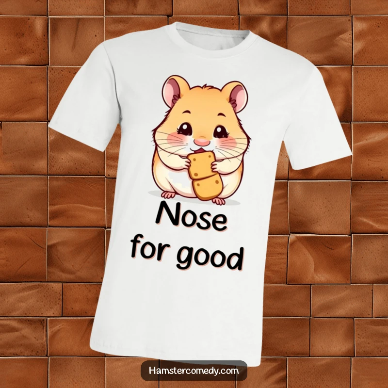 Animated hamster with twitching nose, smelling something delightful, illustrated humorously on a t-shirt.