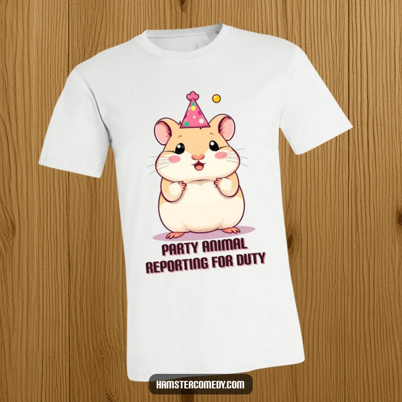 Funny hamster sporting a tiny party hat, exuding celebration and joy on a t-shirt, ideal for a funny gift.