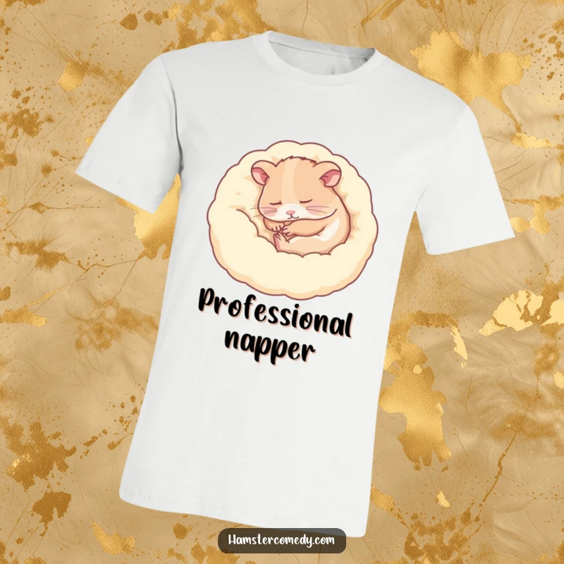 Funny hamster peacefully sleeping curled up in a bed, serene look, humorous t-shirt, great funny gift.