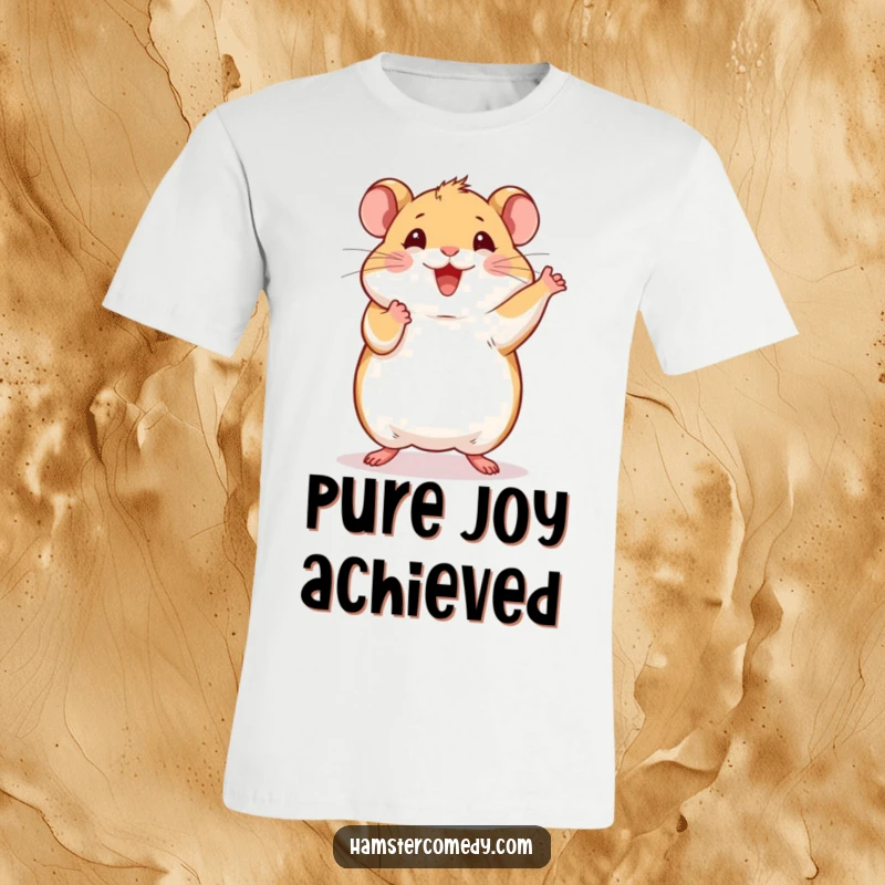 Animated hamster engaged in a lively happy dance with front paws raised, illustrated humorously on a t-shirt.