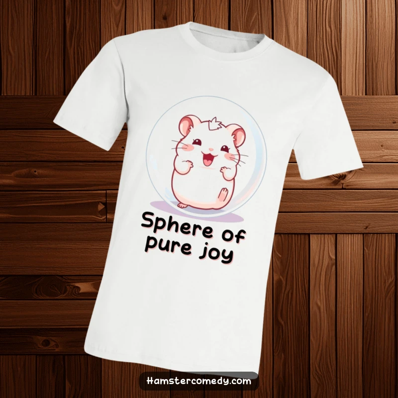 Funny Hamster T-Shirt, an excited character squeaking and happily rolling inside a transparent ball.