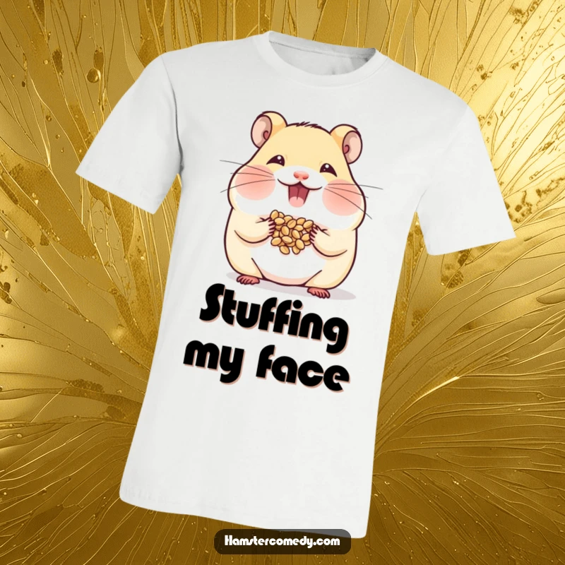 Funny Hamster T-Shirt featuring a hamster happily stuffing its cheeks with seeds, great for snack lovers.