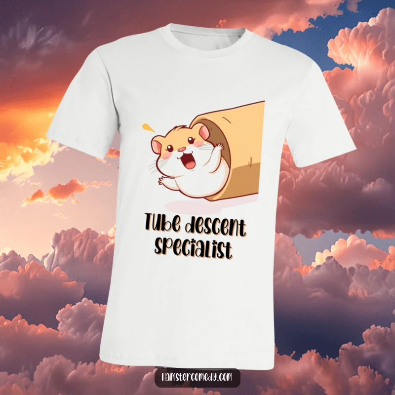Funny Hamster T-Shirt: A hamster sliding down a cardboard tube with a surprised yelp, depicting a moment of unexpected, comical descent.