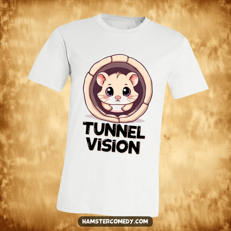 Funny kawaii hamster t-shirt showing a cute hamster with large, curious eyes venturing into a tunnel, embodying exploration.