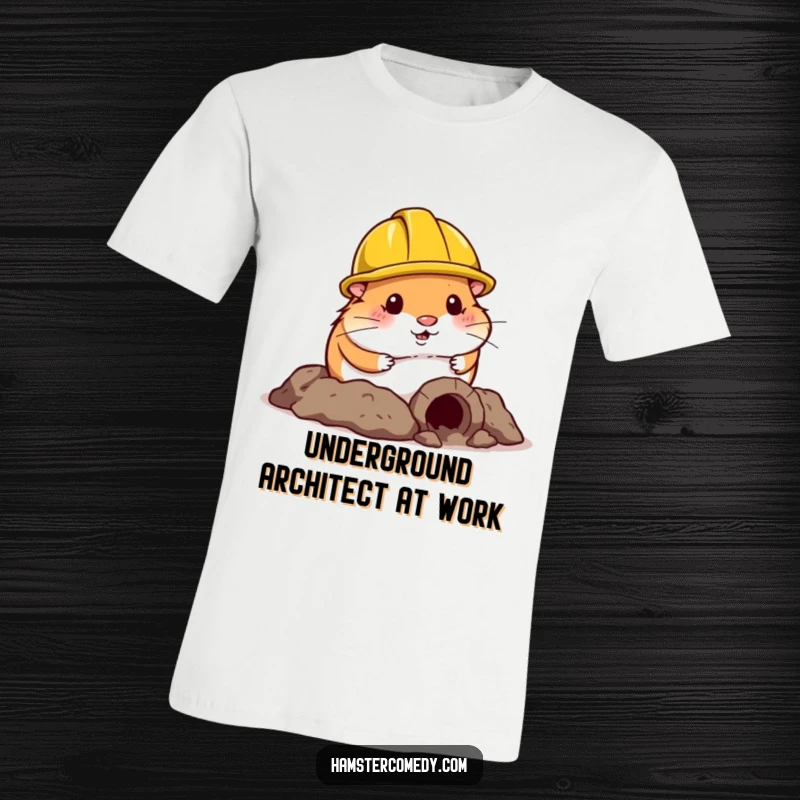 Funny Hamster T-Shirt: A comical hamster wearing a tiny construction helmet is enthusiastically digging a small tunnel, showcasing hard work humor.