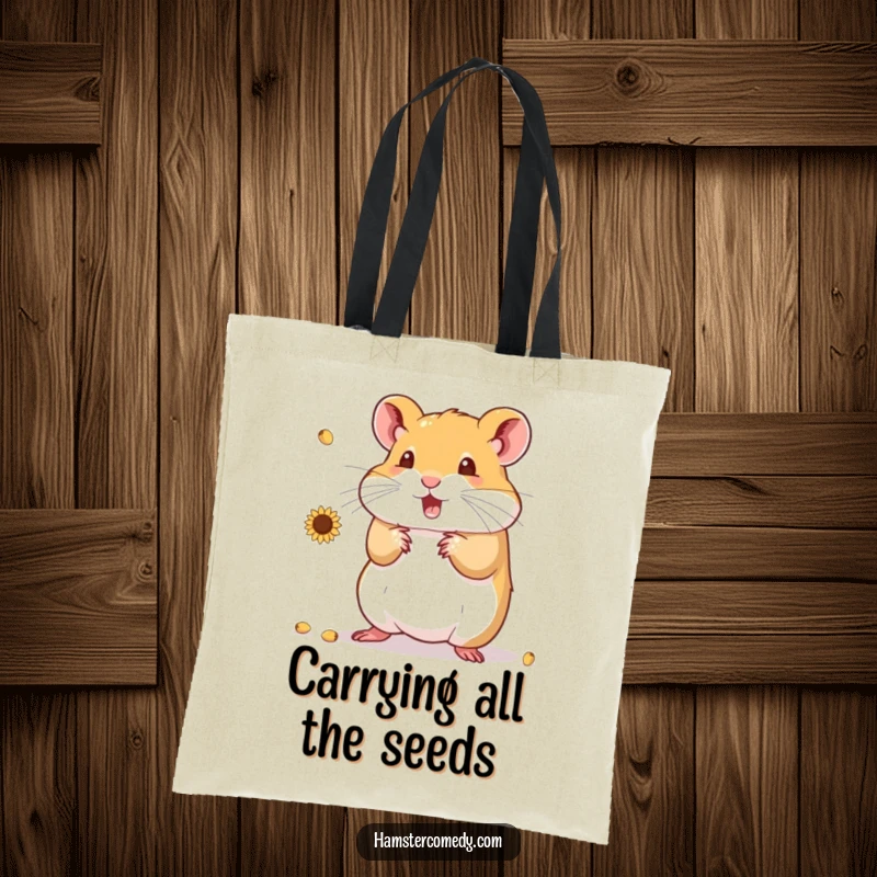 Funny Hamster Tote Bag depicting a small hamster skillfully juggling multiple sunflower seeds, ideal for daily use and amusement.