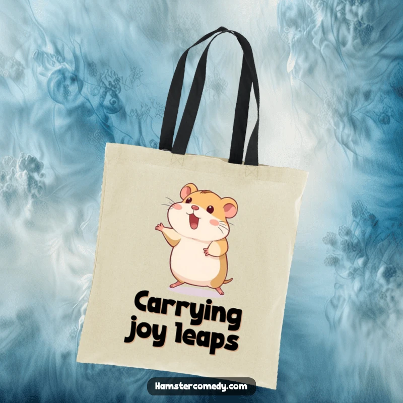 Funny hamster mid-hop, back legs stretched, cute tote bag, ideal funny gift.