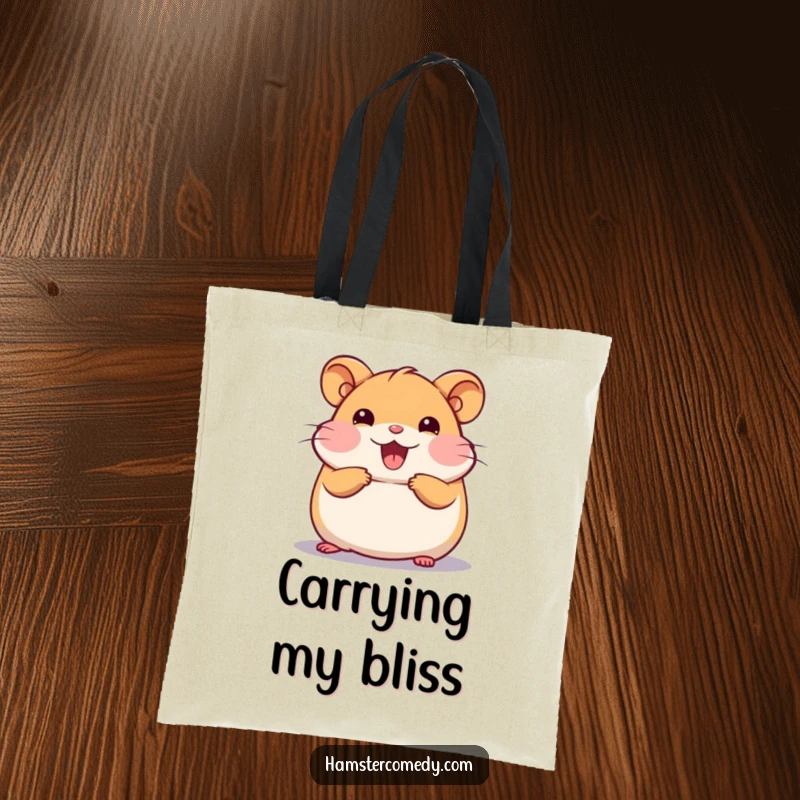 Funny Kawaii Hamster Tote Bag showing a cute hamster doing a happy roll, a whimsical and practical accessory.