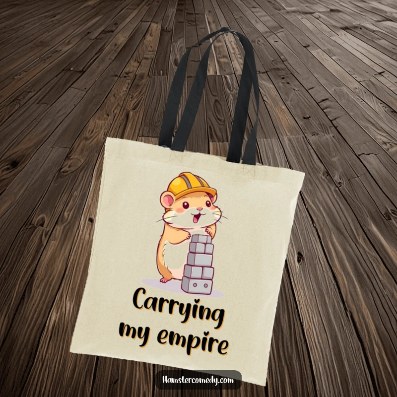 Funny hamster wearing a construction helmet, building a tower, on a durable tote bag, ready for gifting.