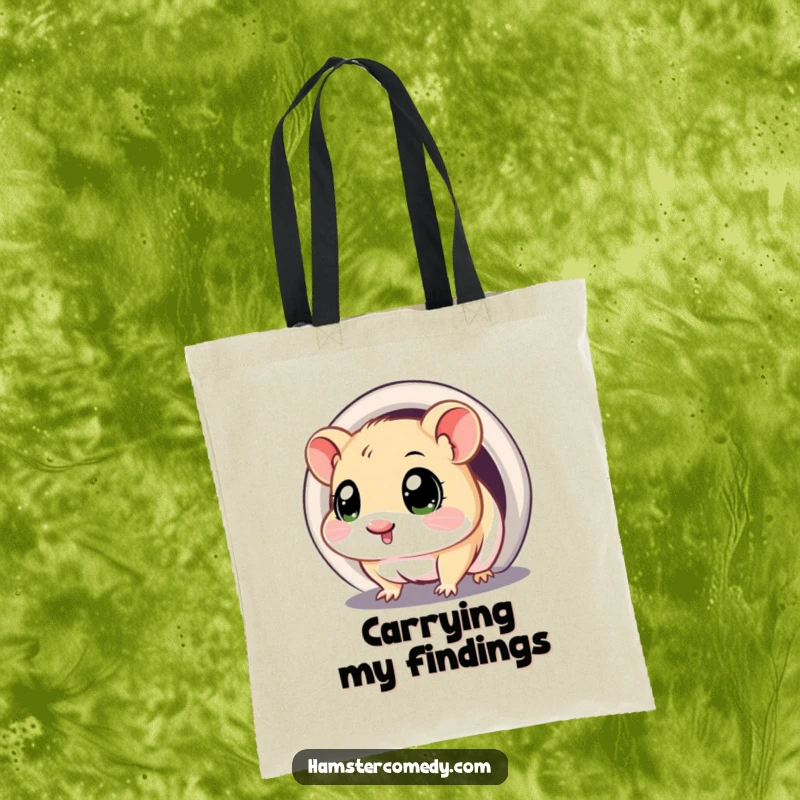 Funny tote bag with a kawaii hamster with big, curious eyes, venturing into a dark tunnel.