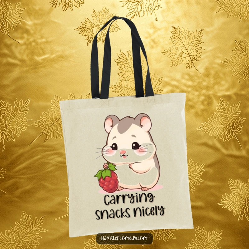 Funny Hamster Tote Bag: A shy hamster peeks out, offering a tasty berry with a bashful yet humorous expression.