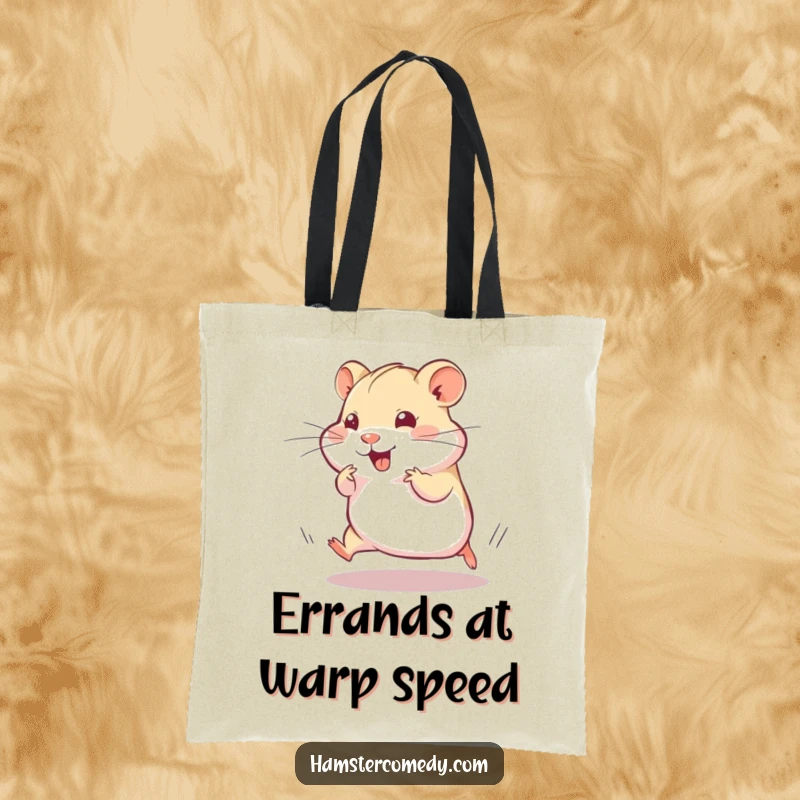 Funny Tote Bag: A hamster is in a silly, speedy dash, a blur of motion with a playful twitch, full of energy.