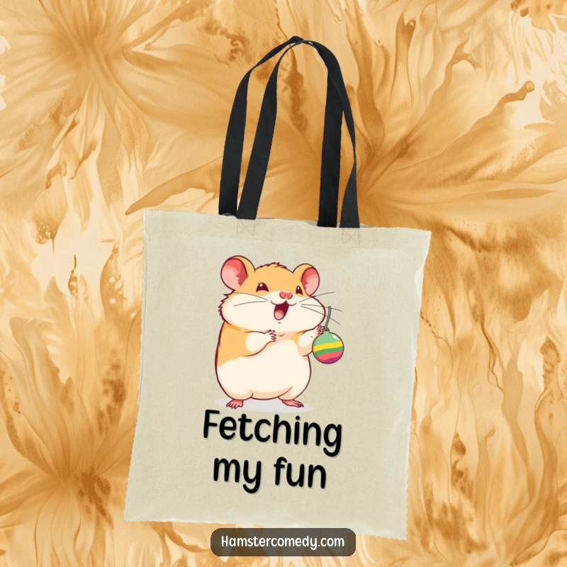Funny hamster tote bag, batting at a dangling toy with excitement, perfect for shopping or daily use, a humorous and practical gift.