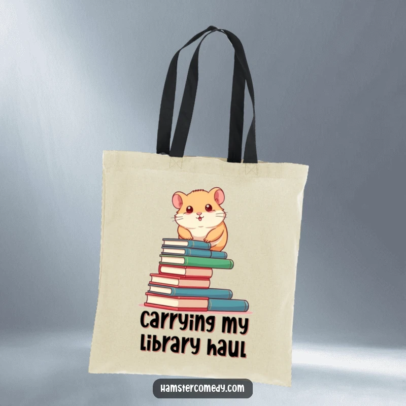 Funny Hamster Tote Bag: A determined hamster humorously climbs a tall stack of miniature books, perfect for carrying essentials.