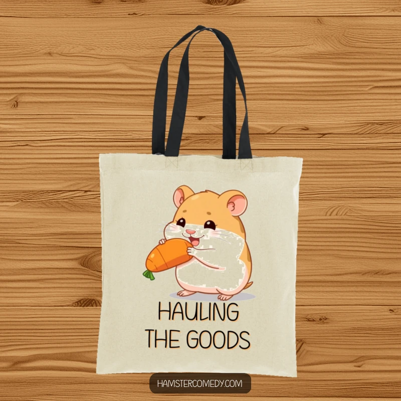 Funny hamster carrying a big carrot, determined look, durable tote bag, ideal funny gift.