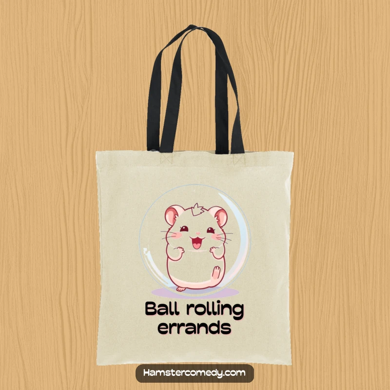 Funny Hamster Tote Bag, an excited character rolling happily inside a transparent ball, practical and fun.