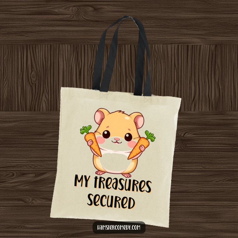 Funny tote bag featuring a hamster holding two carrots with pride, symbolizing resourcefulness and accomplishment.