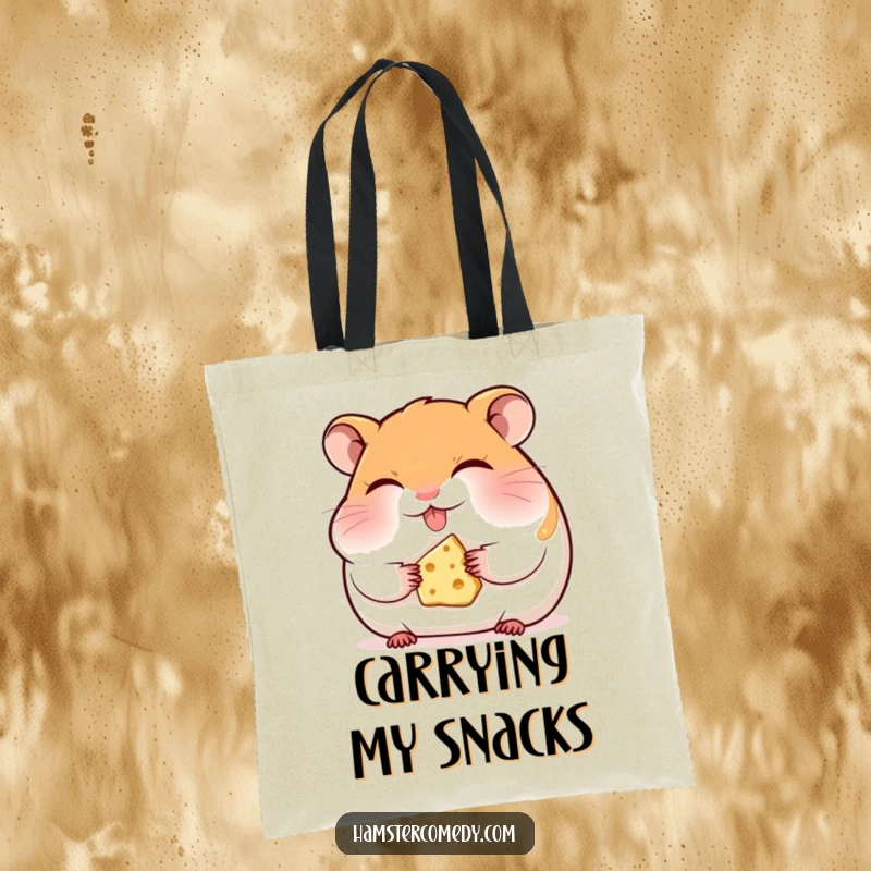 Funny hamster tote bag, happily munching cheese with eyes closed, symbolizing the pure joy of delicious treats.