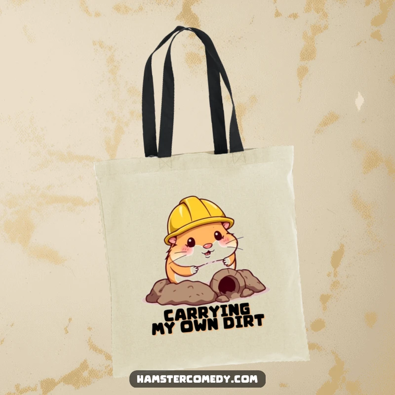 Funny Hamster Tote Bag: A construction-ready hamster with a helmet humorously digs a small tunnel, ideal for practical and funny use.