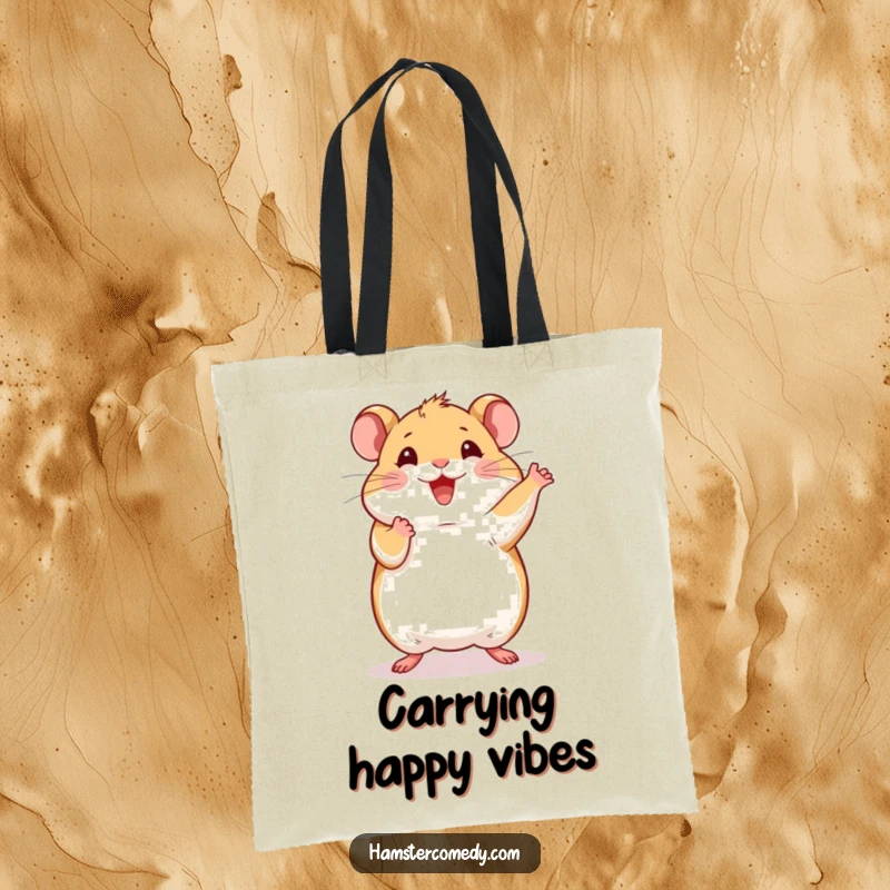 Humorous hamster illustration on a tote bag, caught mid-dance with paws raised, practical and joyful.