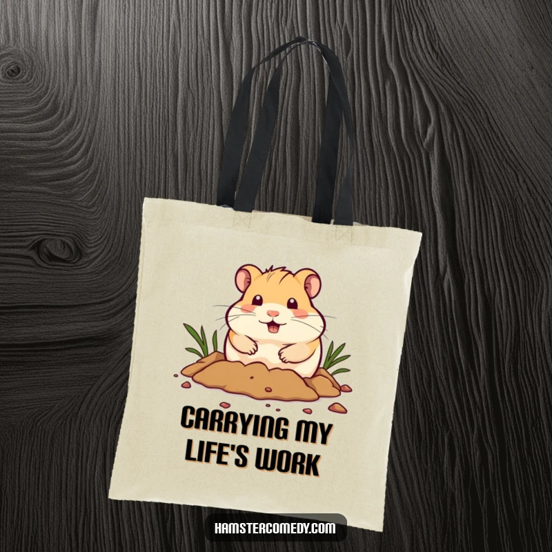 Funny Tote Bag: An enthusiastic hamster digs with all its might, a hilarious depiction of pure effort and determination.