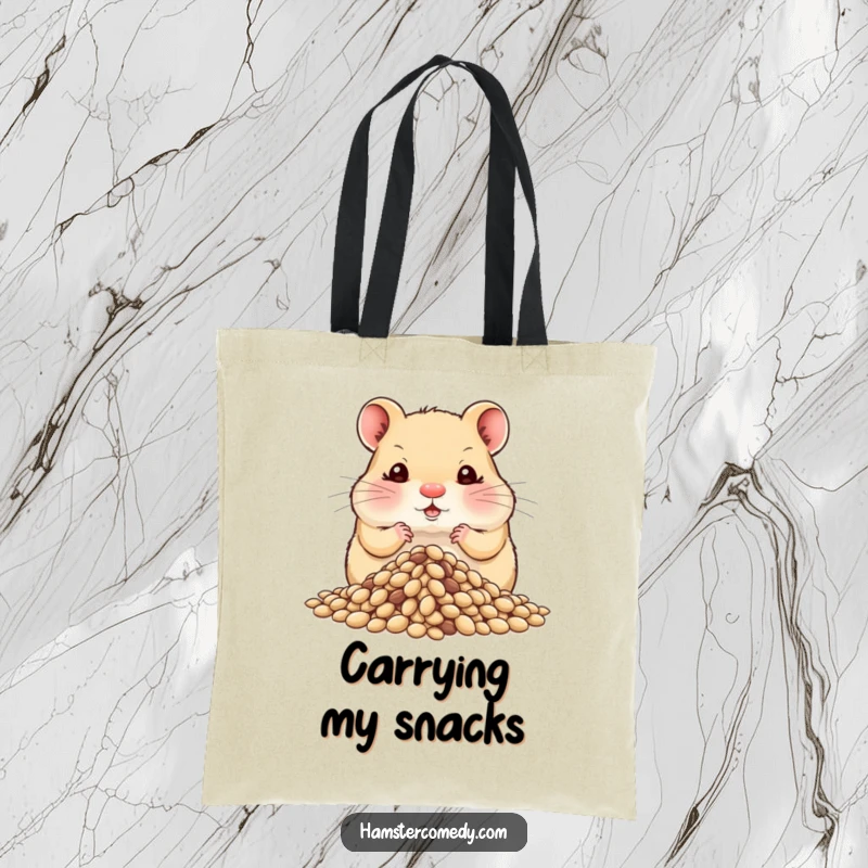 Funny hamster with overstuffed cheeks hoarding a huge pile of seeds, a humorous and practical tote bag for market runs.