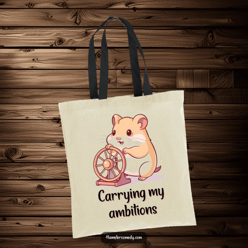 Funny hamster tote bag with a hamster playfully pushing a wheel, symbolizing energy, movement, and a fun spirit.